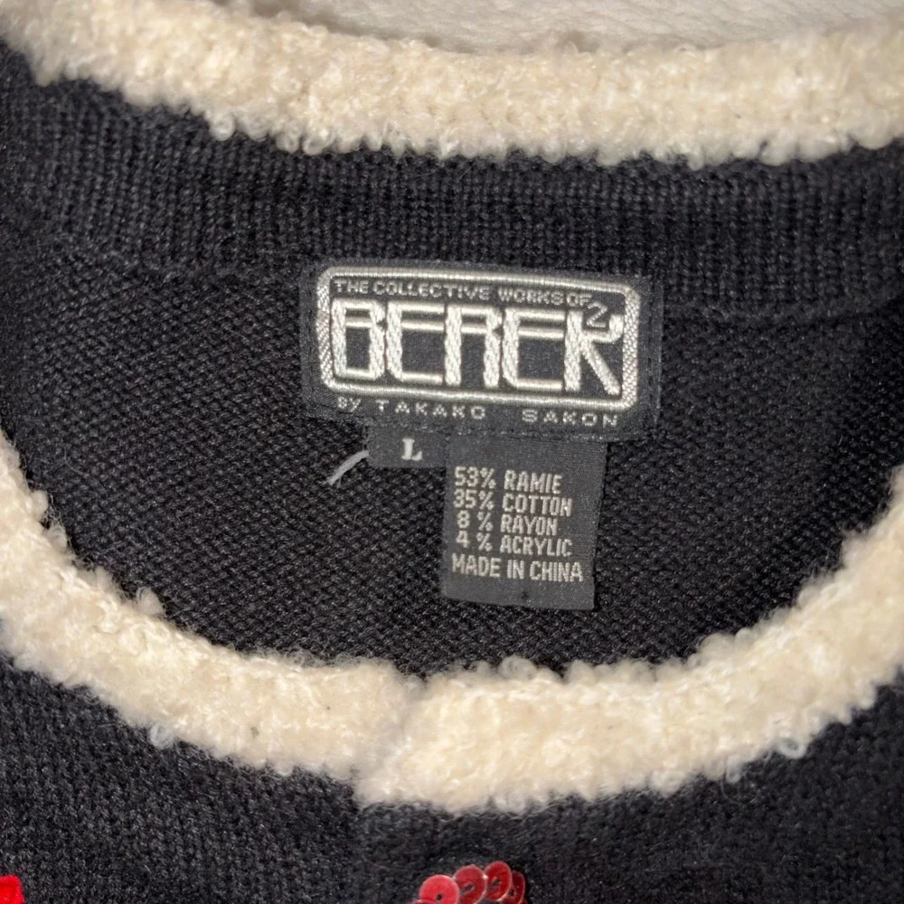 Vintage Berek Christmas Cardigan Sweater Womens Large Black Sequin Santa Holiday